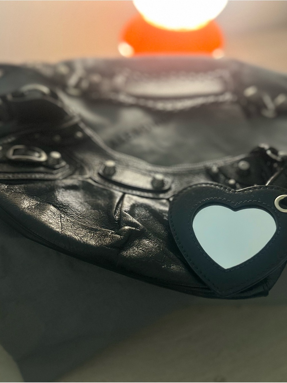 Balenciaga Black Leather Hobo with Heart Mirror Charm